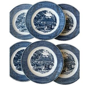 Vintage set of 6 Currier and Ives Blue White 6" Bread & Butter plate Harvest [6]